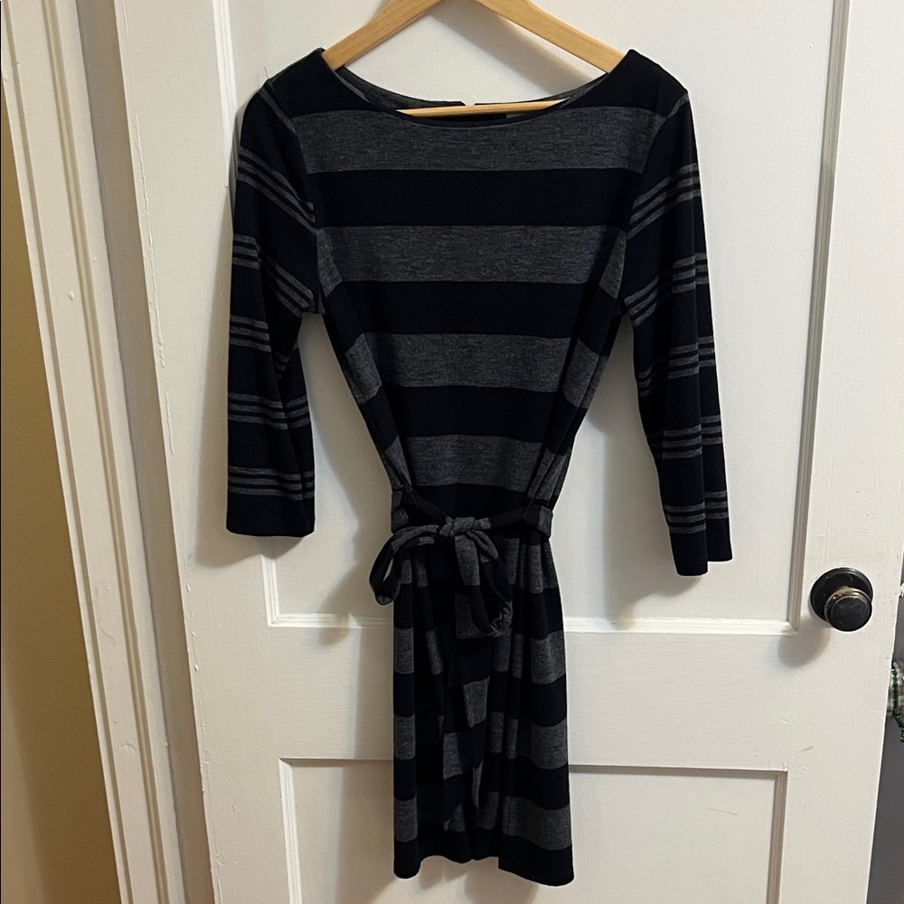 LOFT Black and Gray Striped Long Sleeve Dress